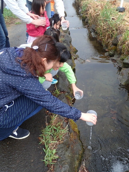 稚魚を放流する親子
